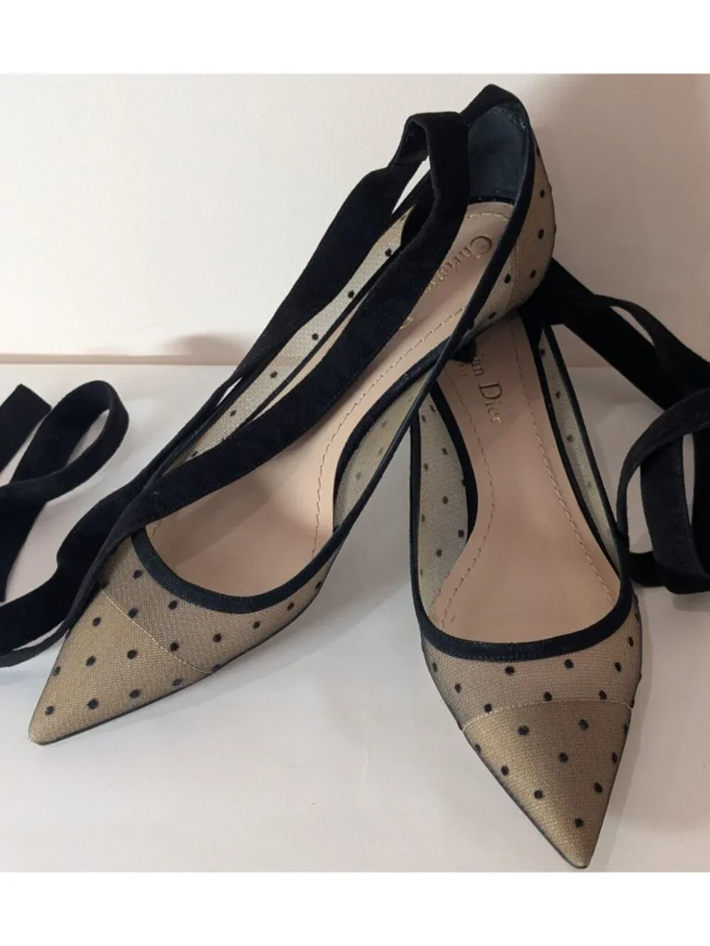 Christian Dior Black Mesh Suede Polka Dot Kitten Heel Pumps, Size 38